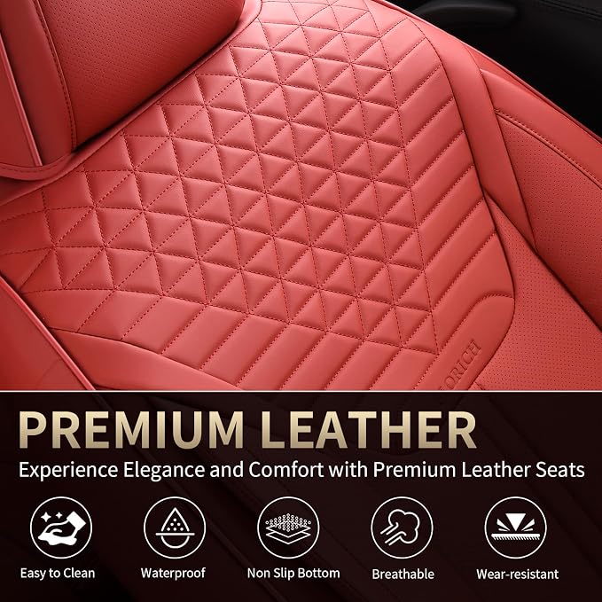 FLORICH Seat Covers, Car Seat Covers Full Set, Luxury Nappa Leather Seat Covers, Breathable and Waterproof Car Seat Protector 5 Seat, Automotive Seat Covers Universal Fit for Most Cars-Red