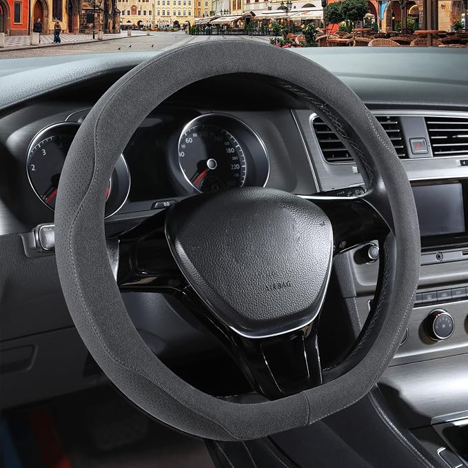 Gray Suede D Shaped Steering Wheel Cover 14.5 inch to 15 inch | Warm in Winter and Cool in Summer, Universal Felt Car Accessories, Breathable Non-Slip Sweat-Proof Wear-Resistant
