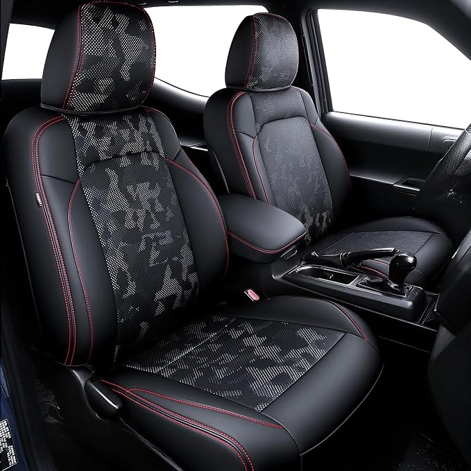 Carlimeki Leather Seat Covers Custom Fit for Tacoma Gen 3rd (2016-2023) | For Double & Crew Cab only - Fits SR, SR5, Limited, TRD Pro, TRD Sport, TRD Off-Road, Trail Special Edition - Fully Covered