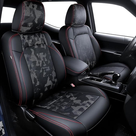 Carlimeki Leather Seat Covers Custom Fit for Tacoma Gen 3rd (2016-2023) | For Double & Crew Cab only - Fits SR, SR5, Limited, TRD Pro, TRD Sport, TRD Off-Road, Trail Special Edition - Fully Covered