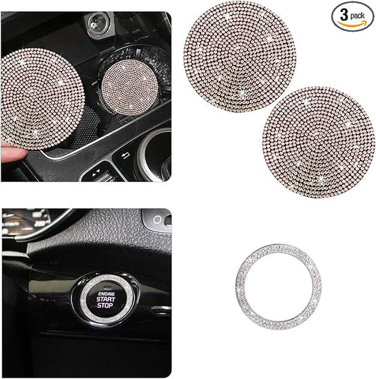 Ziciner 2 Pack Bling Car Cup Holder Coaster, Anti-Slip Auto Insert Coaster with Start Stop Button Cover, Universal Shiny Crystal Vehicle Interior Accessories for Women and Girls (Golden)