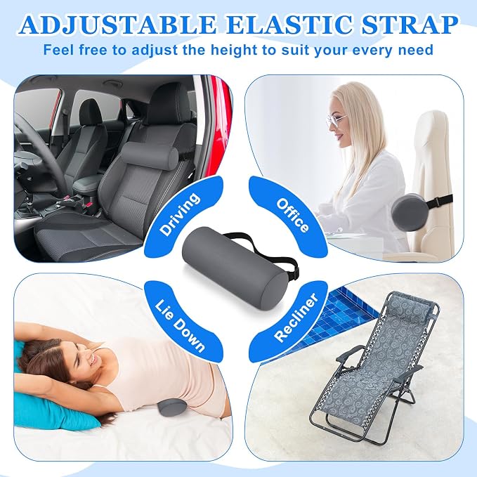 Wenqik 2 Pcs Lumbar Roll Support Pillow Low Back Lumbar Support Office Seat Cushion with Adjustable Strap and Washable Cover for Travel Gaming Chair Car Seat Pain Relief(Grey)