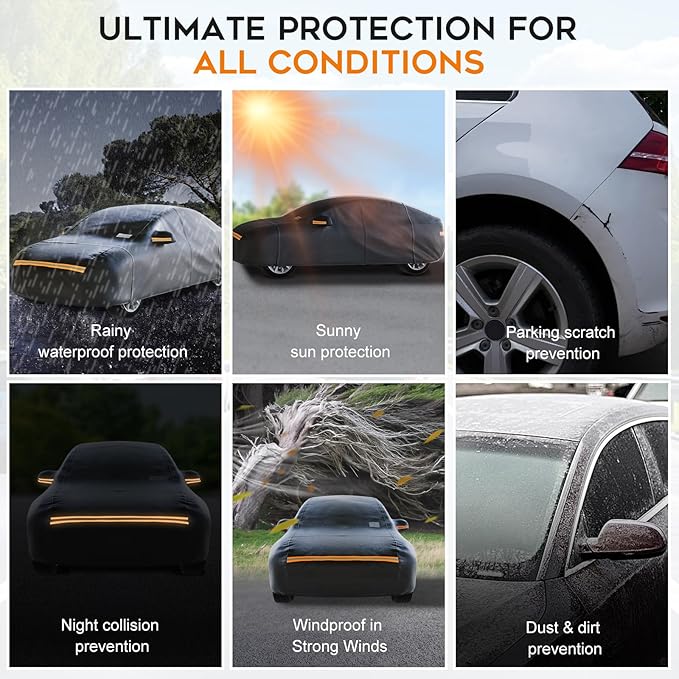 Hatchback Car Cover Waterproof All Weather for Automobiles，Outdoor Heavy Duty Full Exterior Covers with Zipper Door, Rain Sun Snow Dust UV Protection, Windproof Straps & Reflective Strips(Up to 177")