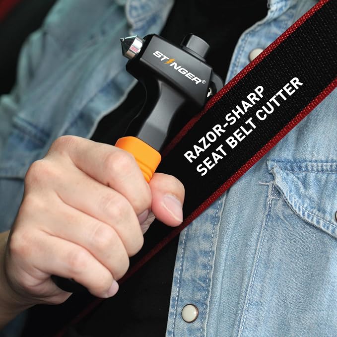 Stinger Super Duty Car Emergency Escape Tool - Hardened Carbon Steel Safety Hammer, Spring-Loaded Window Breaker, Razor-Sharp Seat Belt Cutter, Life-Saving Rescue Tool (Orange and Orange)