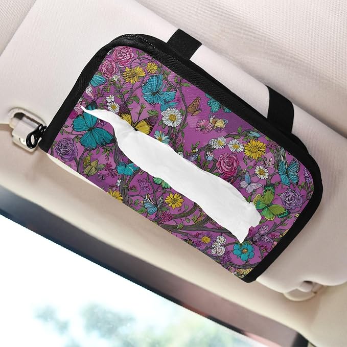 Car Visor Tissue Holder Mask Holder for Car, Car Tissue Box Sun Visor Napkin Holder Car Visor Accessories Adjustable Straps Reusable Durable Easy to Install Rose Flowers Butterfly Trees Purpl