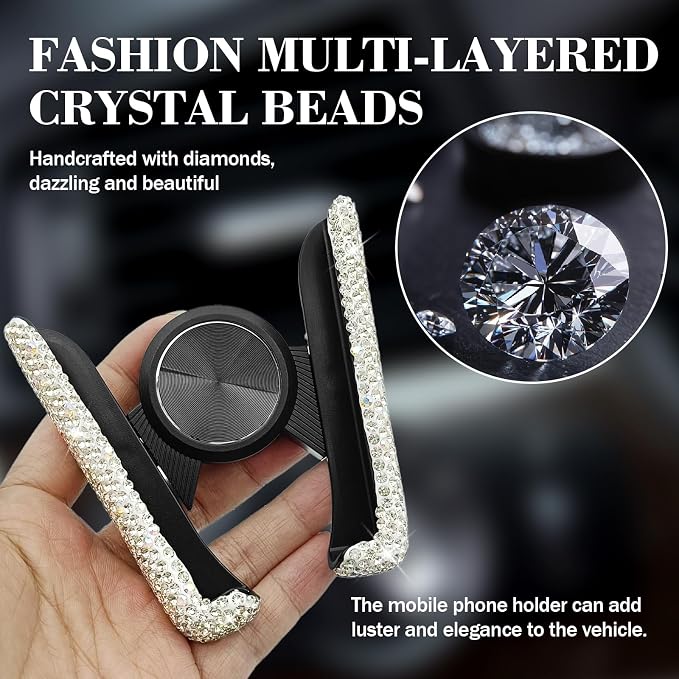 Bling Rhinestone Car Phone Holder, Mini Universal 360° Adjustable Auto Mount For Dash & Air Vent, Crystal Car Accessories For Women & Girls (White)