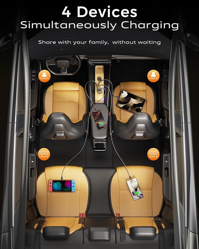 4 in 1 Car Charger, Retractable iPhone Car Charger Fast USB C Phone Charger | Cigarette Lighter with 2 Cable 25 Inch and 2 USB Ports, Multi Port USB Car Charging for iPhone 17/16/15/14/13 Pro Max-2Pack