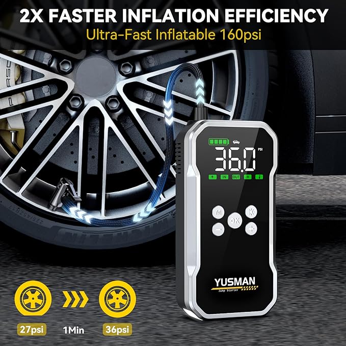 Jump Starter with Air Compressor, 8000A 160PSI Battery Booster Pack | For 12V vehicles, 10.0L gas and 7.0L diesel, with display, smart clamps, tire inflator, 2 USB-A ports, and 2 LED lights