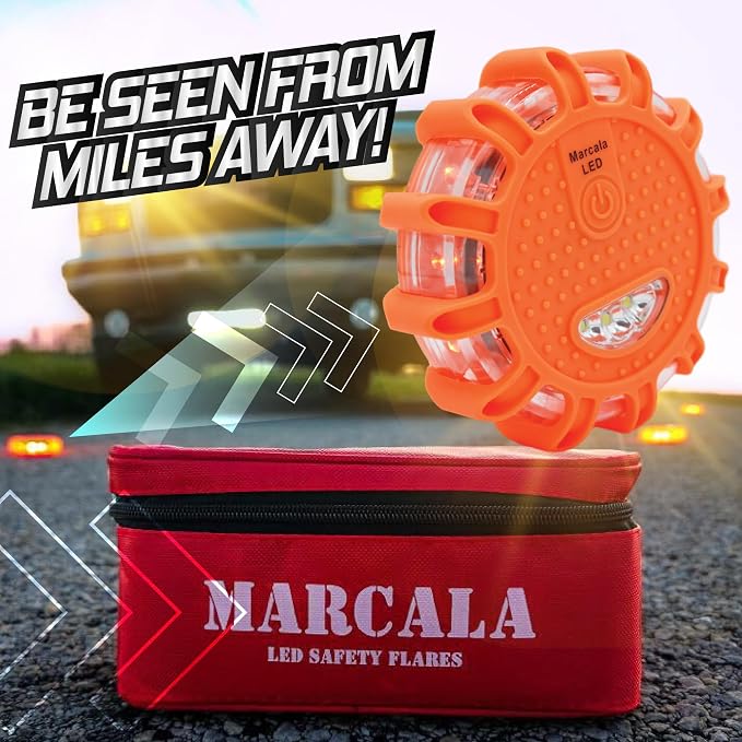 MARCALA 6‑Pack LED Road Flares | DOT Compliant Emergency Lights for Vehicles with Batteries, Whistle & Case | Flares Emergency Road | Emergency Flares | Perfect For Gifting or Everyday Roadside Safety