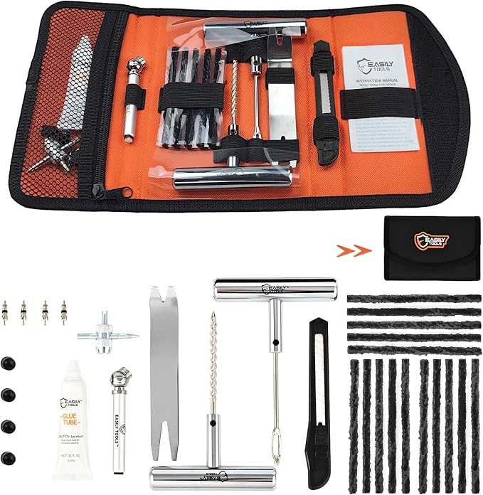 Professional 25-Piece Tire Repair Kit - Complete Emergency Kit for Car, Motorcycle. All-in-One Portable Oxford bag with Essential Tools & Step-by-Step Manual. Ready to Use, No Extra Purchase Needed.