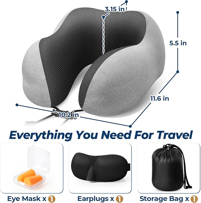 ExploreBliss Travel Pillow, Travel Pillows for Sleeping Airplane, Neck Pillow Airplane, Memory Foam Neck Pillow Set with Eye Mask, Earplugs and Storage Bag -Light Grey