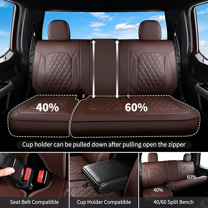 Huidasource F150 Coffee Rear Seat Covers, Leather Rear Bench Car Seat Cushion Cover Fit for 2015-2026 Ford F150 SuperCrew & 2017-2026 F250 F350 F450 Super Duty Crew Cab Pickup Truck