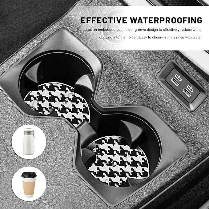 4 PCS Car Cup Coasters, 2.76 Inch Shockproof Auto Cup Holder Insert Coaster Checkered Drink Mat, Anti-Slip Waterproof Water Bottle Pad Stylish Grid Decoration for Most Vehicles (Houndstooth)