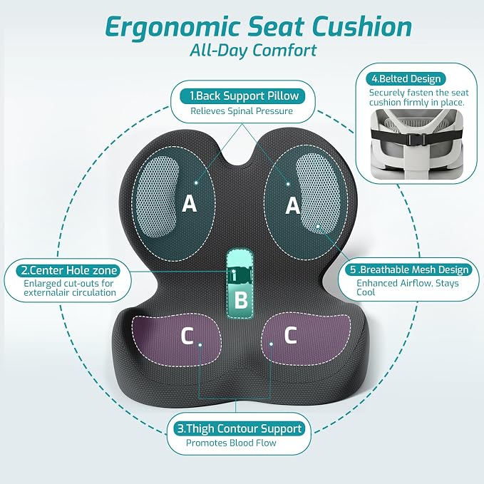 Trucker Seat Cushion, Thick Car Seat Cushions with Lumbar Support Pillow, Ergonomic L-Shaped Orthopedic Memory Foam for Long Driving Lower Back Pain Sciatica Relief, Gift for Drivers (Black+WE)