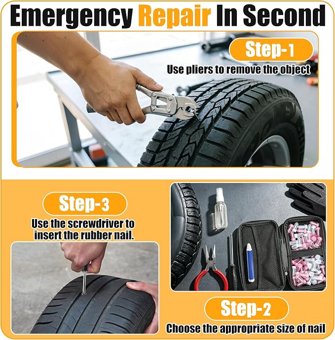 60 PCS Tire Repair Rubber Nails Kit, Vacuum Tire Screw Plugs, Fast Self-Service Tire Repair Tool for Car, Truck, Motorcycle, Bike, Tractor Puncture Repair Kit (Screwdriver Included)