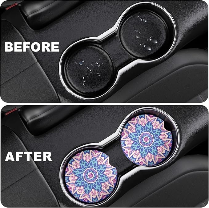 2 Pack Car Cup Holder Coasters, 2.63 inch Anti Slip Insert Absorbent Ceramic Coasters with Cork Base and Finger Notch, Cute Car Accessories Interior for Women