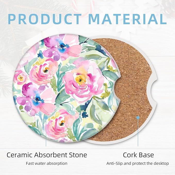2 Pack Car Coasters for Cup Holders, 2.56" Universal Absorbent Ceramic Stone Car Cup Holder Coasters with Non-Slip Cork Base, Car Interior Accessories for Women Men(Pink Peony Floral)