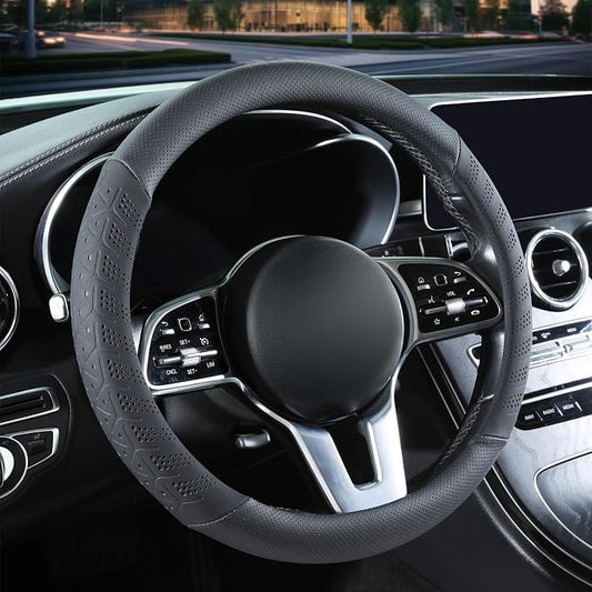 3D Slim Soft 15 inch Leather Steering Wheel Cover Black | Breathable Anti-Slip Premium Skin-Feel Perforated Thin Nappa Leather, Universal 14.5 inch to 15 inch