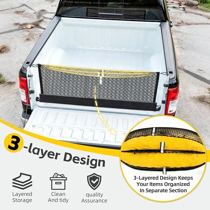 Zoned Storage 3-Layer Cargo Net for Chevrolet Colorado&GMC Canyon 2023-2026 | Truck Bed Net with Zipper Bag, Heavy Duty Cargo Organizer Storage Nets,Tool-Free Install for Campings& Daily Use