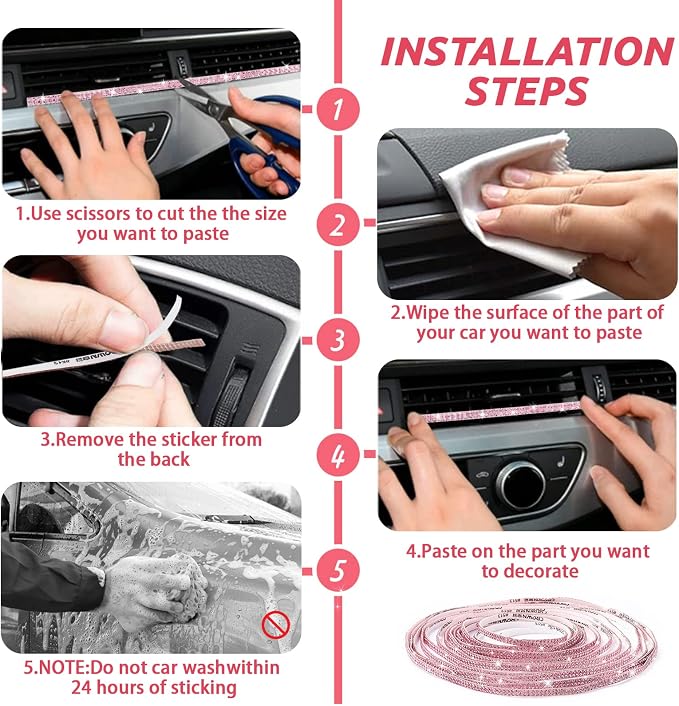 Bling Car Trim Self-Adhesive 36.1Ft, Rhinestone Accessories for Women, Interior Exterior Decoration, Decorations Door Stickers (Pink) | Rhinestone Accessories for Women, Interior Exterior Decoration, Decorations Door Stickers