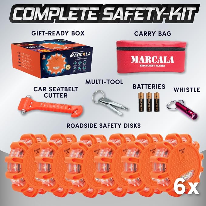 MARCALA 6‑Pack LED Road Flares | DOT Compliant Emergency Lights for Vehicles with Batteries, Whistle & Case | Flares Emergency Road | Emergency Flares | Perfect For Gifting or Everyday Roadside Safety