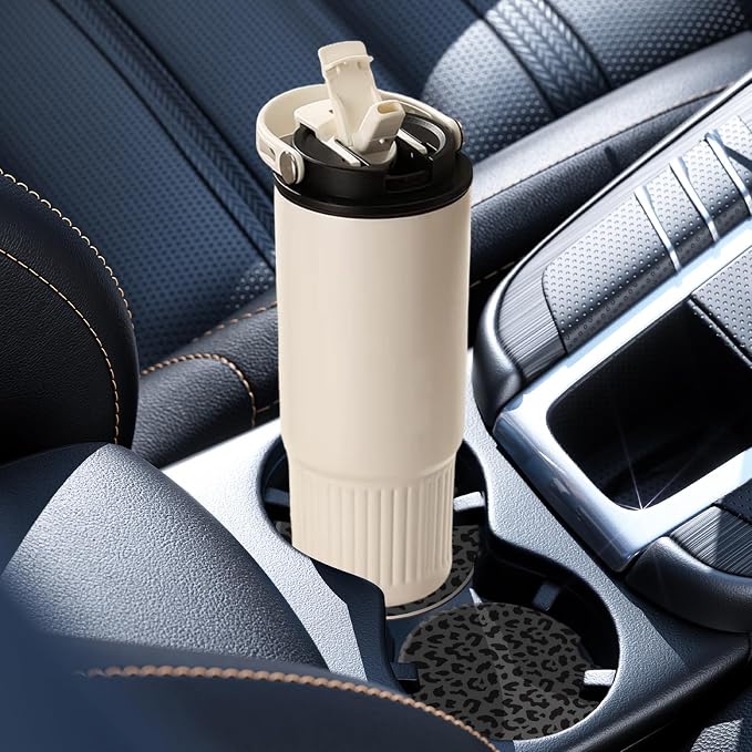 2 Pack Car Coasters for Cup Holders, Absorbent Ceramic Cup Coaster with Cork Base and Finger Notch, Cute Car Accessories Interior for Women Men (Leopard-Black)