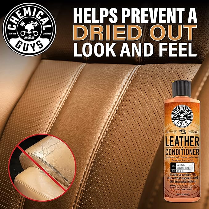 Chemical Guys Leather Cleaner and Conditioner Kit with Brush | Horse hair brush for car, furniture, jackets, and shoes, 3-item leather care bundle, 3 piece leather care kit with brush
