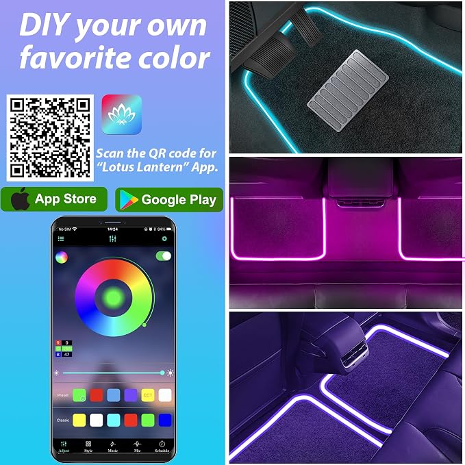 Soft Car Floor Mats with Led Strip Light, App Control Leather Interior Car Lights Floor Mats, Universal Fit Black Automotive Carpet, Anti-Slip Waterproof RGB Car Decor Accessories for SUV,Sedan,Jeeps