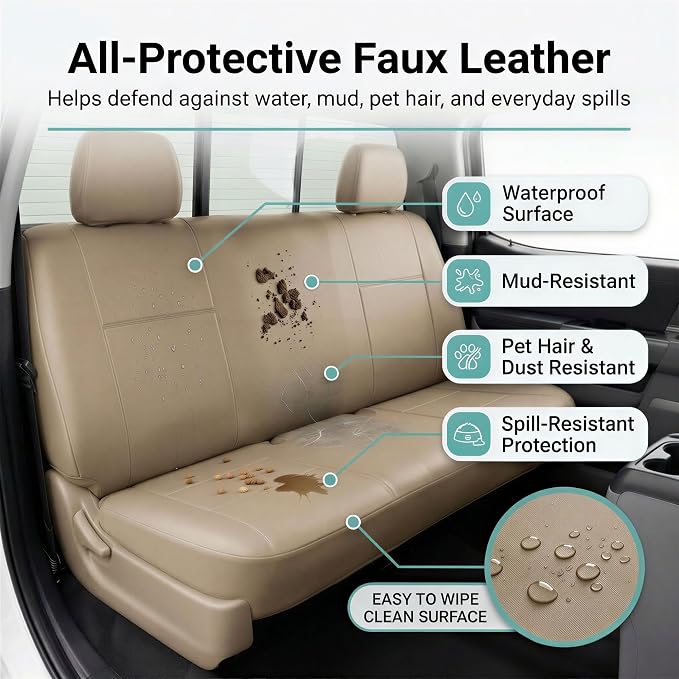 FH Group Classic PU Leather Split Bench Car Seat Cover – Universal Fit for Cars Trucks & SUVs (Solid Beige)