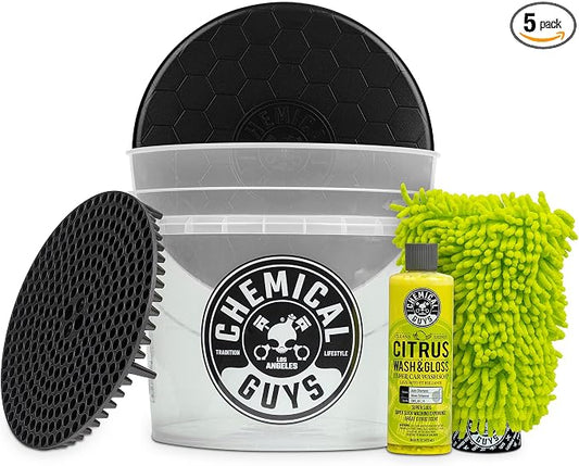 Chemical Guys, Ultimate Car Wash Bucket Kit, Dirt Trap, Mitt, Soap & Lid | Grit guard sinks debris to the bottom so it stays off your paint; a complete starter setup for safe at-home washing