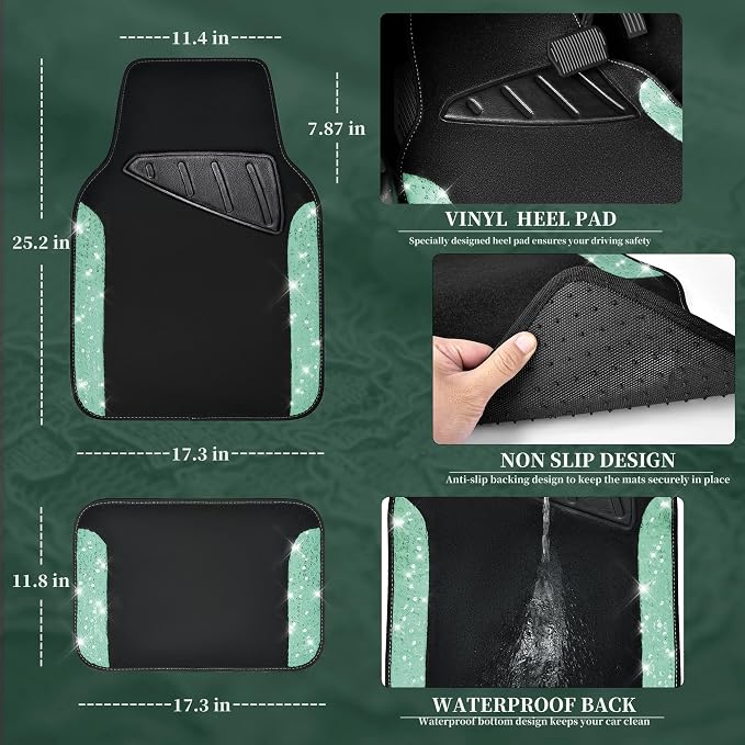 CAR PASS Universal Mint Leather Lace Car Seat Covers Full Set for Women Girls, Waterproof Car Floor Mats Carpet, Glitter Steering Wheel Cover for Car Accessories Interior Sets,10PCS Included