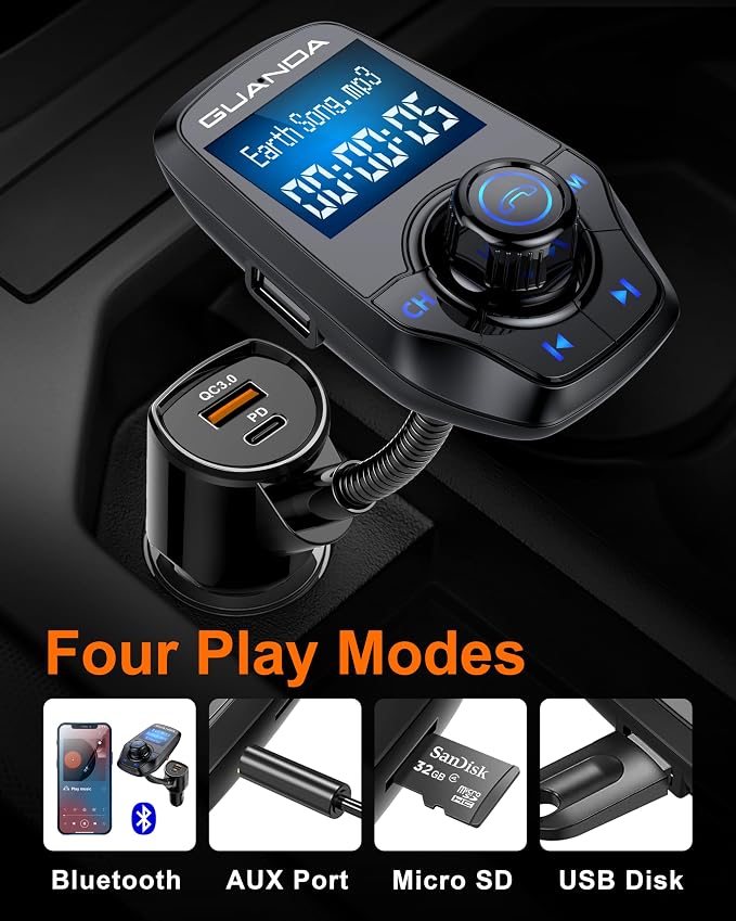 FM Transmitter Bluetooth 5.3 for Car, Bluetooth Radio Adapter Transmitter for Car, Wireless Audio Transmitter and Receiver 1.44" Display AUX in/Out SD/TF Card USB C Charger [PD 30W], GUANDA