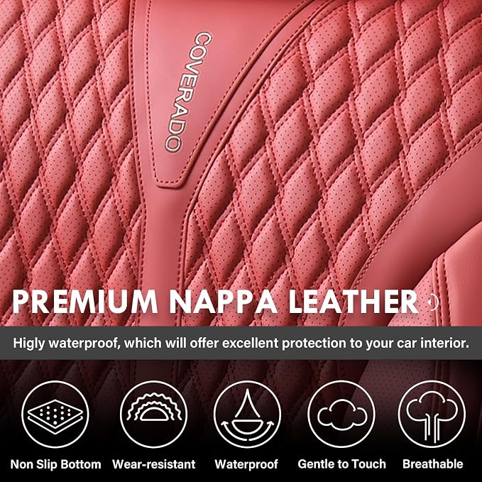 Coverado Car Seat Covers Full Set, Red Car Seat Cover, Luxury Leather Seat Covers for Cars, Waterproof Front and Back Car Seat Protector, Car Seat Cover Universal Fit for Most Cars