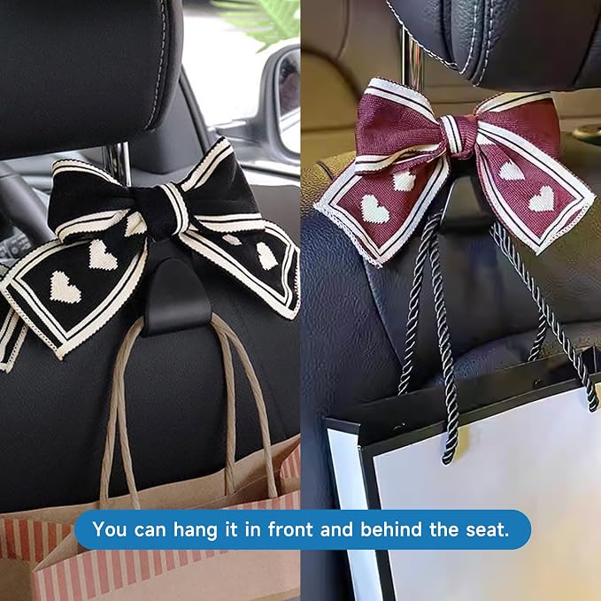 2PCS Car Seat Hooks, Cute Bow Car Seat Headrest Hooks for Purses, Bags, Umbrella, Universal Automotive Interior Decoration Accessoriesl for Vehicle, SUV, Sedan, Truck (Black Spot)