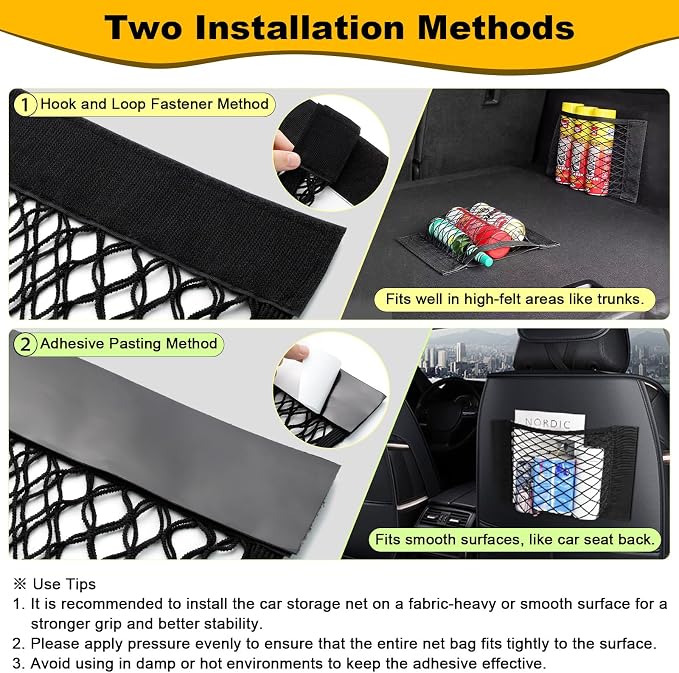 PIFOOG 4Pcs Car Storage Net Pockets, Stretchable Mesh Cargo Net Organizer with Adhesive Hook and Loop Strips, Universal Trunk Back Seat RV Camper SUV Truck Storage Pouch, 11.8" x 9.8" & 15.7" x 9.8"