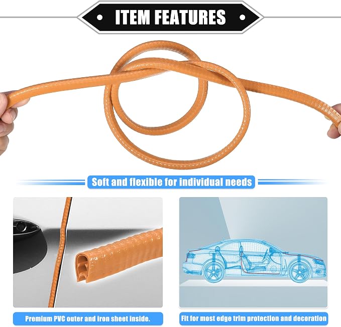 Car Door Edge Guard, 16.4ft U Shape Rubber Edge Trim Seal Strip Protector Universal for Car Truck ATV Boat Multifunctional No Glue PVC Iron Orange