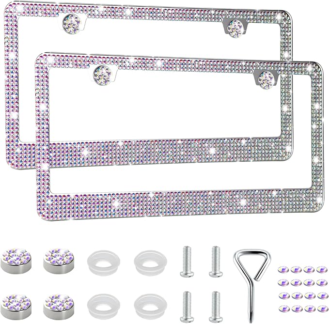 GaRhomxy Bling License Plate Frames for Women, 2 Pack Handcrafted Sparkly Rhinestone Car Accessories, Premium Stainless Steel Frame with 1000+ Faceted Glass Crystals & Free Glitter Caps (Colorful)