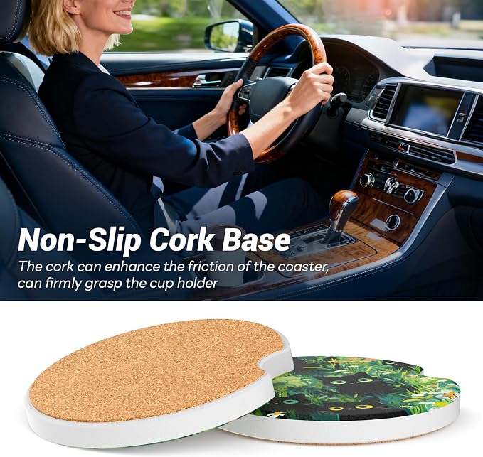 Car Cup Holder Ceramic Coasters 2 Pack, 2.56 in Anti Slip Absorbent Coaster with Cork Base and Finger Notch, Funny Cute Car Accessories Interior for Women, Some Cats
