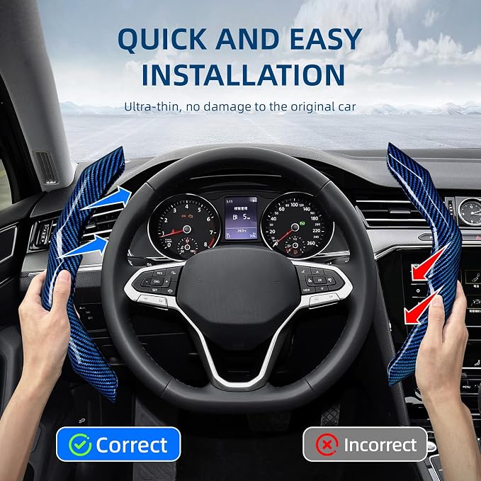 Carbon Fiber Steering Wheel Cover 2PCS Segmented Clip-on Protector (Blue) | Universal Fit, Anti-Slip Lining, Sporty Style, Car Interior Accessory for Men and Women