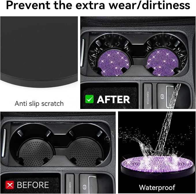SINGARO Bling Cup Holder Coasters for Car, 4PCS Universal Non-Slip Cup Holder, Embedded Decorative Coasters, Shiny Crystal Car Interior Accessories Gifts for Women (Purple)