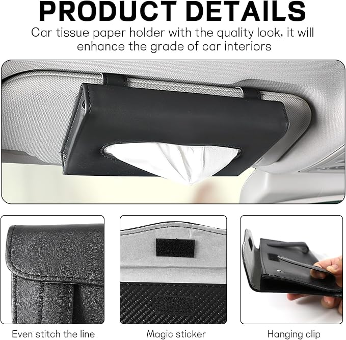 Car Tissue Holder, Leather Tissue Holder for Car Sun Visor, Rectangular Auto Sun Visor Napkin Holder Mask Dispenser, Universal Vehicle Tissue Box Sun Visor Accessory (Plaid-Black)