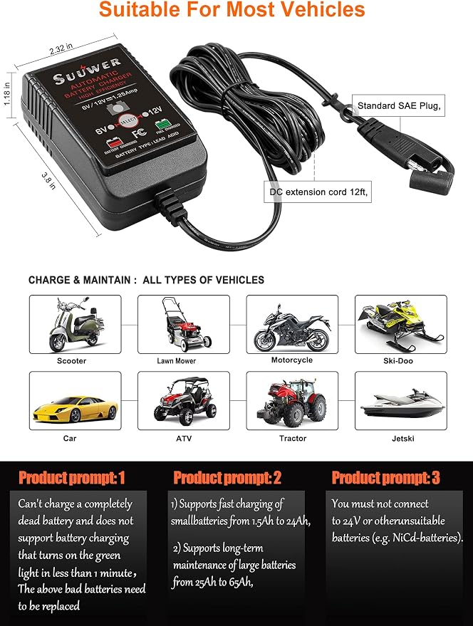 Suuwer Automatic Trickle Battery Charger, 6V&12V 1250mA Battery Maintainer. | for Car Motorcycle ATV Boat, With 12FT DC Cable