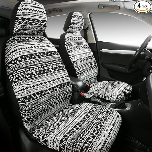 Baja Saddle Blanket Car Seat Covers 4PCS Front, Breathable Washable Striped Woven Automotive Vehicle Seat Cover, Universal Boho Seat Cover for Sedan, SUV, Truck, Airbag Compatible