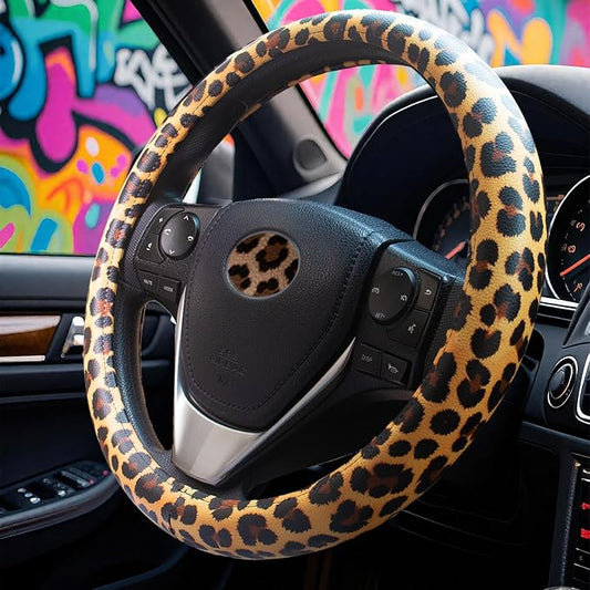 Universal Leather Leopard Cheetah Steering Wheel Cover Women 14.5-15 inch Leopard car Accessories Western Anime Brown Cute Wheel Cover Hip Hop Anti-Slip Car Protecter for Men