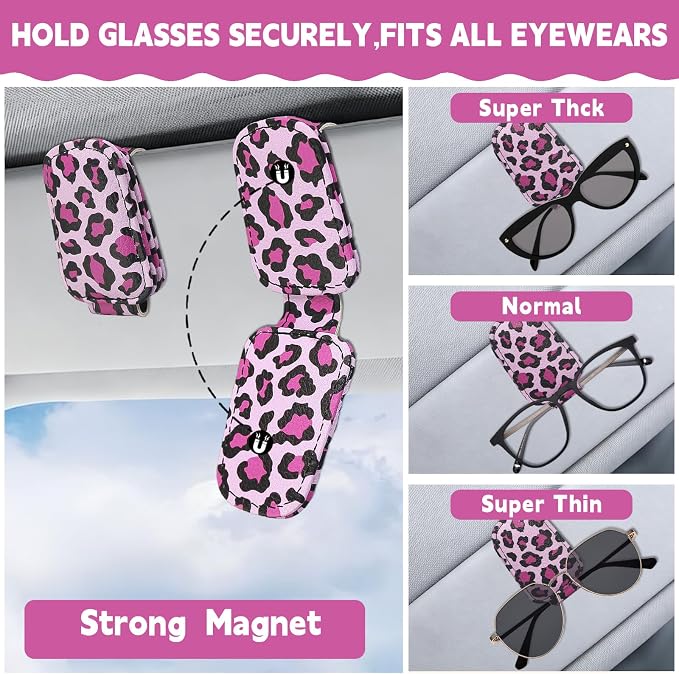 2 Pcs Sunglass Holder and 1Pcs Car Tissue Holder for Car,Magnetic Leather Sunglasses Holder Car Sun Visor Glasses Hanger Clip,Car Interior Accessories for Women(Pink Leopard Print)