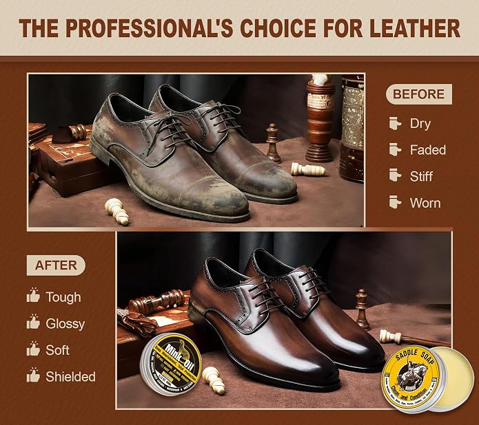 Leather Boot Care Kit, Mink Oil & Saddle Soap for Leather Cleaning & Leather Boots, 6-in-1 Leather Shoe Care Kit