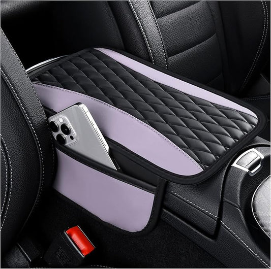 IHOTDER Patchwork Leather Center Console Covers for Cars,Upgraded Arm Rest Cover for Car with Side Storage Pocket for Car Seat Organizer,Middle Console Cover Stylish Car Decoration (Taro Purple)