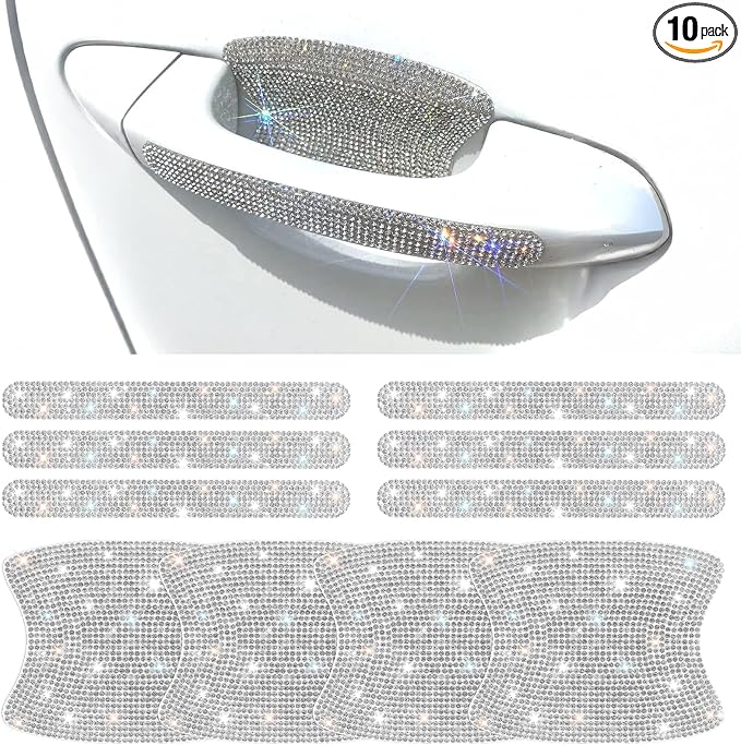 10 PCS Bling Car Door Handle Protector, Shiny Crystal Rhinestone Anti-Scratch Universal Cars Door Handle Protective Cover, Glitter Auto Accessories for Women (White)