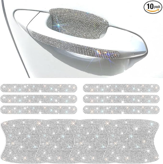 10 PCS Bling Car Door Handle Protector, Shiny Crystal Rhinestone Anti-Scratch Universal Cars Door Handle Protective Cover, Glitter Auto Accessories for Women (White)