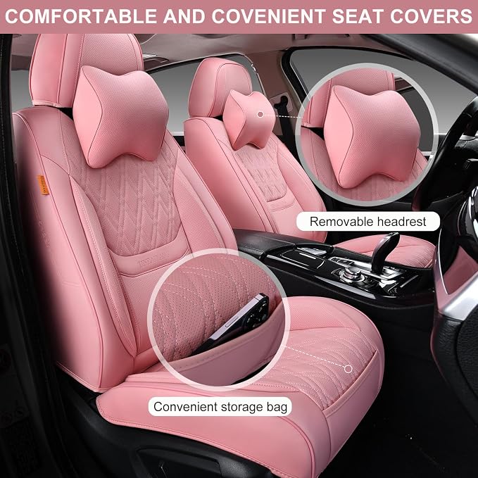 Pink Car Seat Covers Front Pair, Breathable Leather Automotive Front Seat Covers with Headrest, Universal Automotive Vehicle Seat Cover for Most Sedan SUV Pick-up Trucks